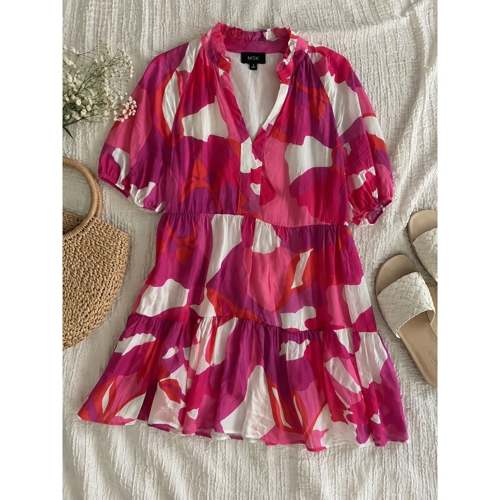 MSK Pink Red Abstract Floral Tiered Mini Dress Ruffle Neck Puff Sleeve Medium